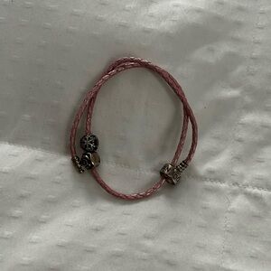 Elegant Pink Pandora Braided Bracelet with Silver Accents 14 “ double wrap